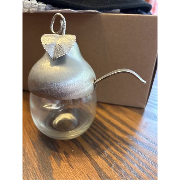 Vtg Napier Pear Sugar Jelly Jam Jar w/ Spoon-Silver Metal Gilt Top, Glass Bottom - Picture 1 of 3